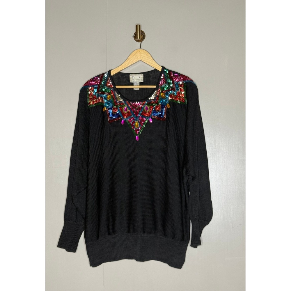 Vintage B.I.B. Sport Black Sequin Beaded Statement Sweater Size L